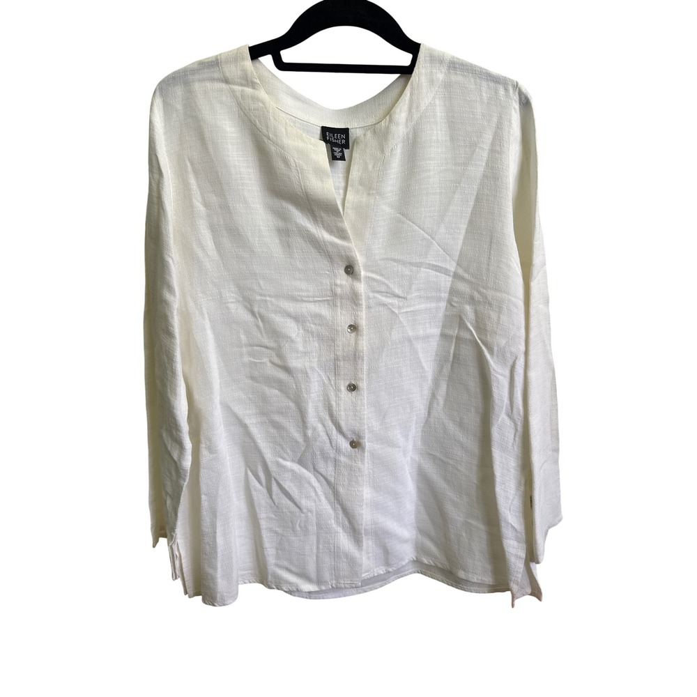 Eileen Fisher Bone White Linen Blend Split Neck Button Front Blouse Medium